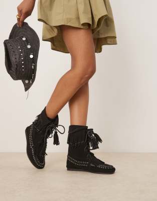 ASOS DESIGN – Anais – Ankle-Boots aus schwarzem Wildleder mit Fransen - view 1