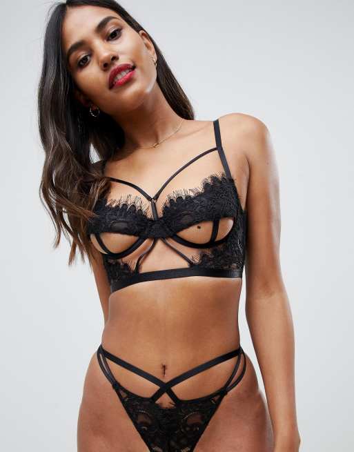 ASOS DESIGN Alika longline underwire bra with underboob cut out & lace &  thong