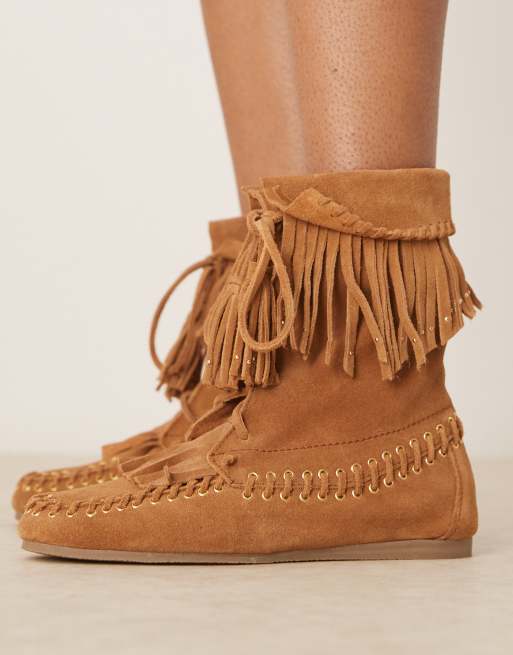 ASOS DESIGN Anais fringe ankle boots in tan suede ASOS - Main Image