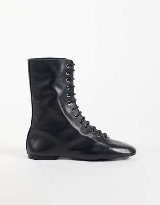 Asos Design Anais Premium Leather Lace Up Sock Boots In Black