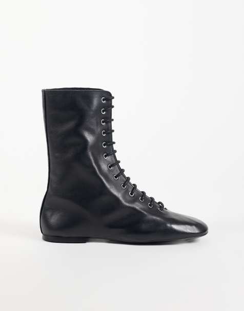 ASOS DESIGN Anais premium leather lace up sock boots in black - view 1