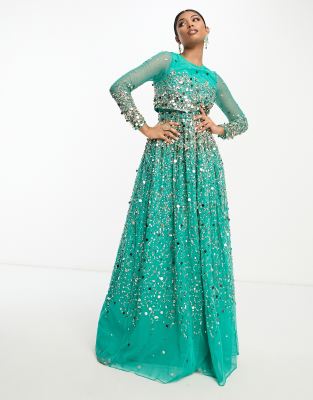 Asos Design Anarkali Maxi Dress In Scatter Sequin In Turquoise-blue