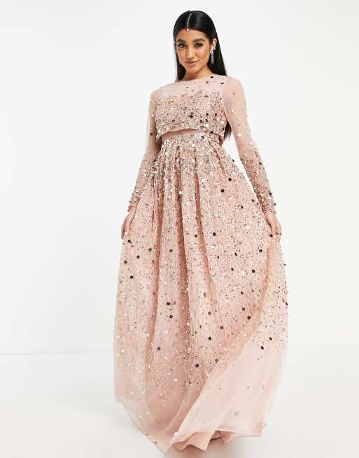 ASOS DESIGN - Anarkali - Vestito lungo rosa cipria con paillettes sparse e crop top