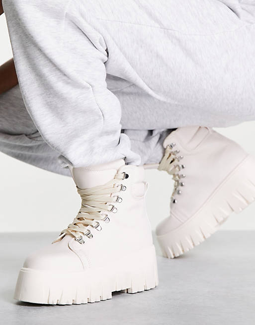 ASOS DESIGN Anastasia chunky hiker lace up boots in white | ASOS