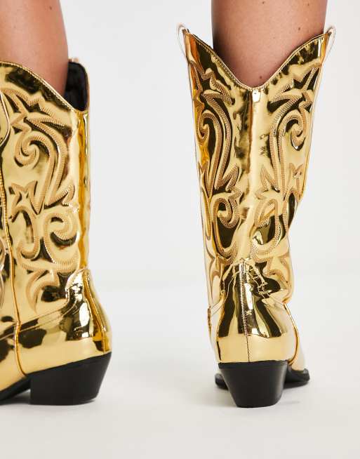 ASOS DESIGN - Andi - Bottes western mi-mollet plates larges effet miroir - Doré, 2 de 4