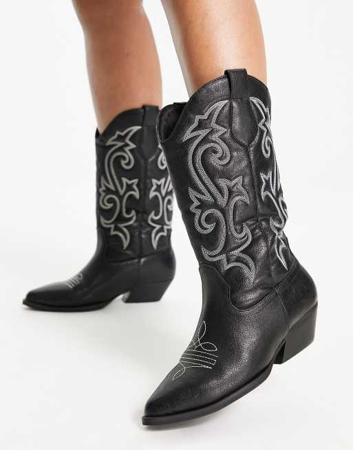 ASOS DESIGN Andi Bottes western mi mollet plates larges Noir