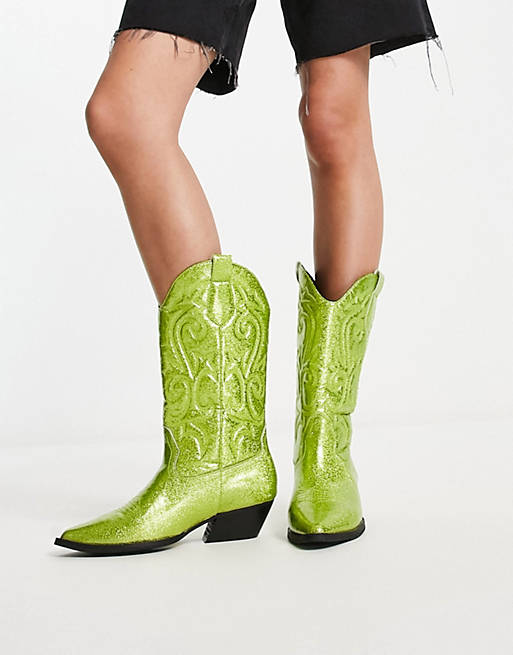 gastheer ziel schouder ASOS DESIGN Andi flat western knee boots in green glitter | ASOS