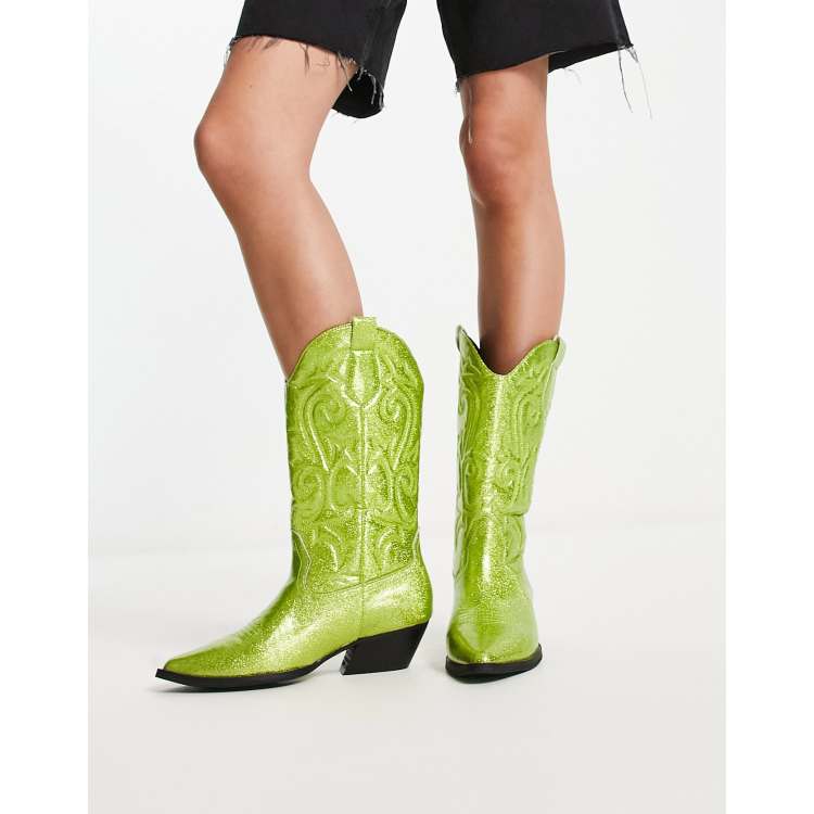 ASOS DESIGN Andi flat western knee boots in green glitter ASOS