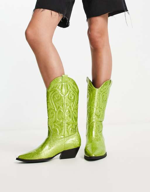 ASOS DESIGN Andi flat western knee boots in green glitter