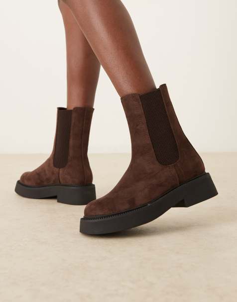 ASOS DESIGN Andy flat chunky chelsea boots in chocolate suedette - view 1
