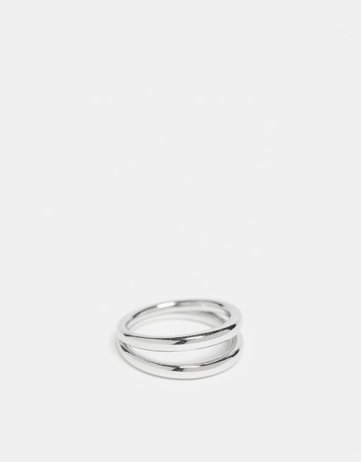 ASOS DESIGN - Anello a doppia fascia argentato in acciaio inossidabile resistente all'acqua