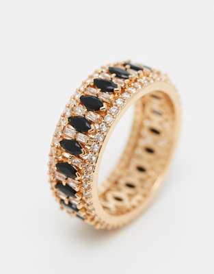 ASOS DESIGN - Anello a fascia color oro con cristalli taglio marquise neri