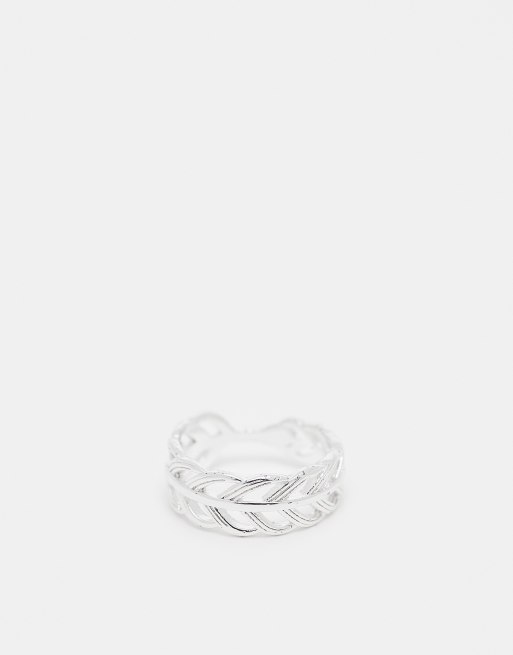 ASOS DESIGN - Anello a fascia con cut-out a foglia placcato in vero argento