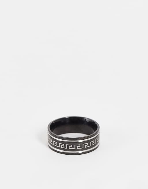 ASOS DESIGN - Anello a fascia con motivo greco nero e color argento