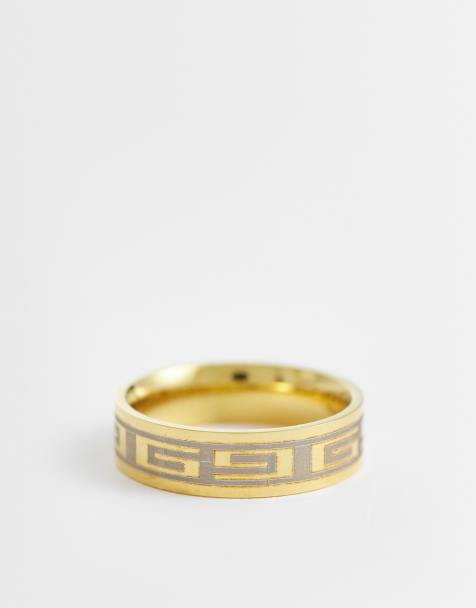 ASOS DESIGN - Anello a fascia dorato in acciaio inossidabile spazzolato con onda greca incisa argentata - view 1