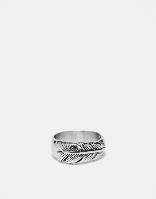 ASOS DESIGN - Anello a fascia in acciaio inossidabile resistente all'acqua color argento con design a piuma