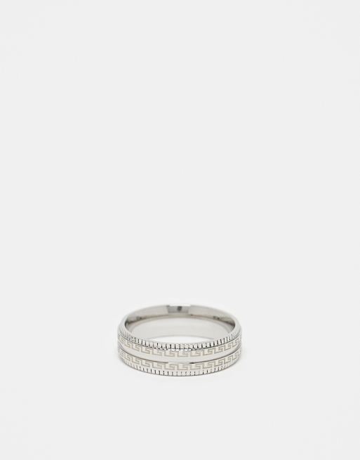 ASOS DESIGN - Anello a fascia in acciaio inossidabile resistente all'acqua color argento con motivo a onde greche