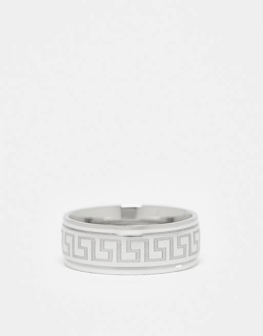 ASOS DESIGN - Anello a fascia in acciaio inossidabile resistente all'acqua color argento con motivo a onde greche