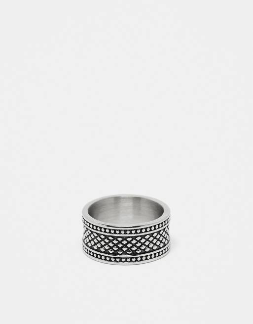 ASOS DESIGN - Anello a fascia in acciaio inossidabile resistente all'acqua color argento con texture in rilievo