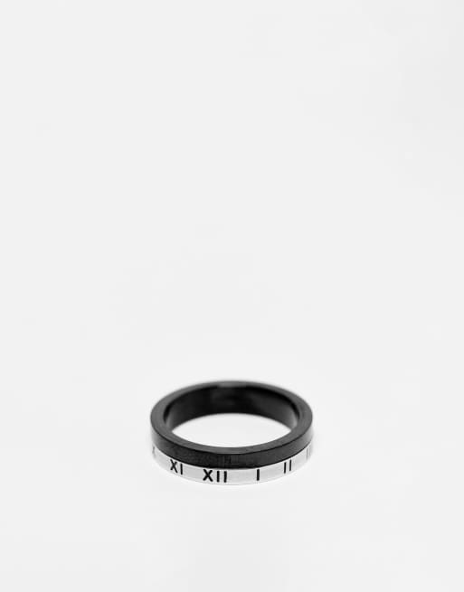 ASOS DESIGN - Anello a fascia in acciaio inossidabile resistente all'acqua color argento e nero con numeri romani