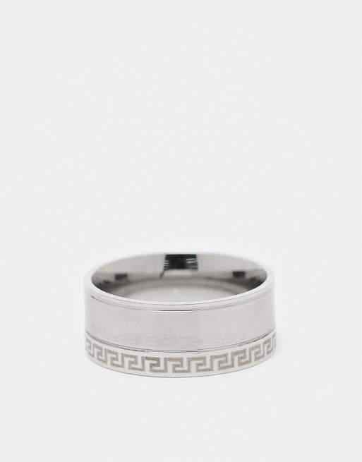 ASOS DESIGN - Anello a fascia in acciaio inossidabile resistente all'acqua color argento spazzolato con onda greca