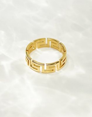 ASOS DESIGN waterproof stainless steel band ring with cut out greek wave design in gold tone - ASOS Price Checker