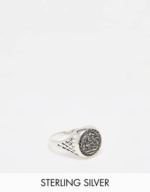 ASOS DESIGN - Anello a sigillo in argento sterling con moneta color argento brunito