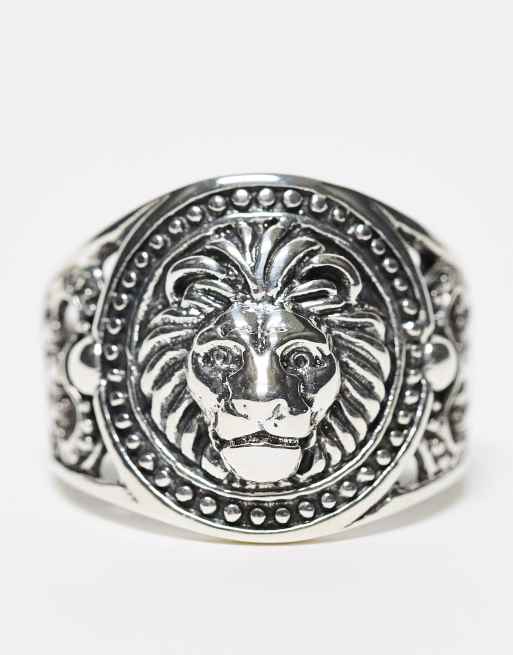 ASOS DESIGN - Anello a sigillo in argento sterling con testa di leone color argento brunito, 2 di 4