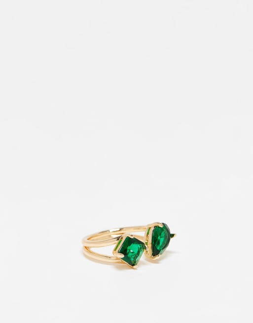 ASOS DESIGN - Anello aperto color oro con fascia divisa e cristalli verde smeraldo