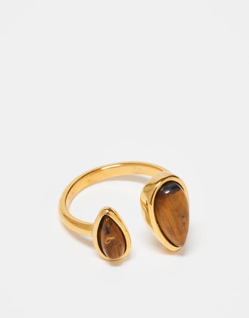 ASOS DESIGN - Anello avvolgente in acciaio inossidabile color oro con pietra occhio di tigre semipreziosa