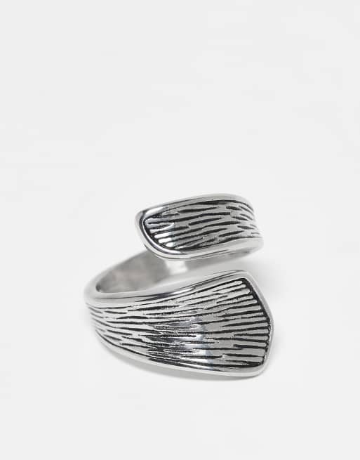 ASOS DESIGN - Anello avvolgente in acciaio inossidabile resistente all'acqua color argento brunito con bordi zigrinati