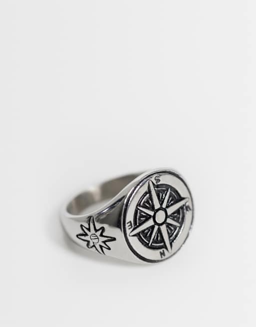 ASOS DESIGN anello chevalier con bussola in acciaio inossidabile impermeabile color argento, 3 di 3