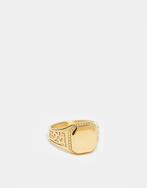 ASOS DESIGN - Anello chevalier in acciaio inossidabile resistente all'acqua con particolari in rilievo color oro