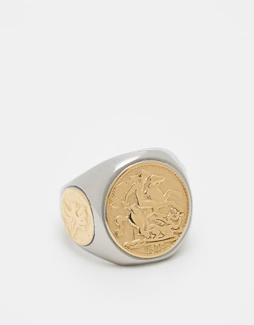 ASOS DESIGN - Anello color argento e oro in acciaio inossidabile resistente all'acqua con moneta