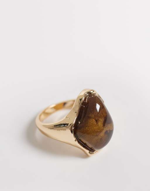 ASOS DESIGN - Anello color oro con occhio di tigre sintetico