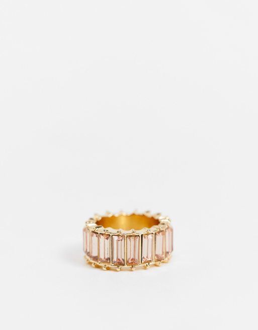 ASOS DESIGN - Anello color oro con pietre rosa a baguette