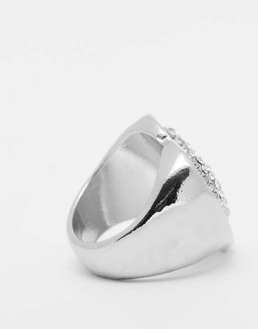 ASOS DESIGN Anello con sigillo a cuore color argento con pav di