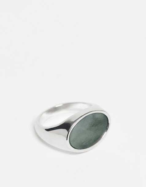 ASOS DESIGN - Anello con sigillo argentato con giada blu semipreziosa ovale - view 1