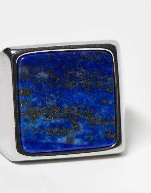 ASOS DESIGN - Anello con sigillo argentato in acciaio inossidabile resistente all'acqua con pietra semipreziosa blu lapislazzuli  , 2 di 3