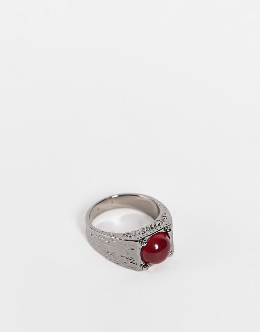 ASOS DESIGN - Anello con sigillo color piombo con pietra rossa