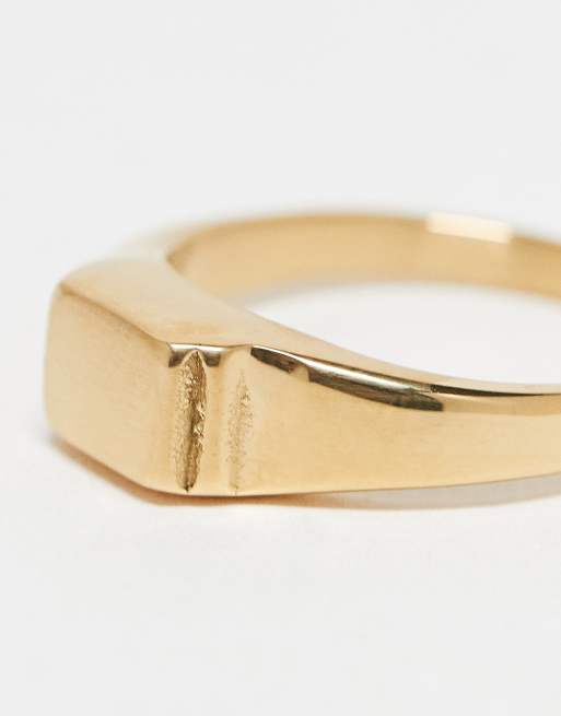 ASOS DESIGN - Anello con sigillo dorato in acciaio inossidabile resistente all'acqua con parte superiore spazzolata, 3 di 4