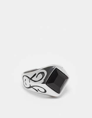 ASOS DESIGN - Anello con sigillo in acciaio inossidabile resistente all'acqua color argento con pietra nera a rombo - view 1
