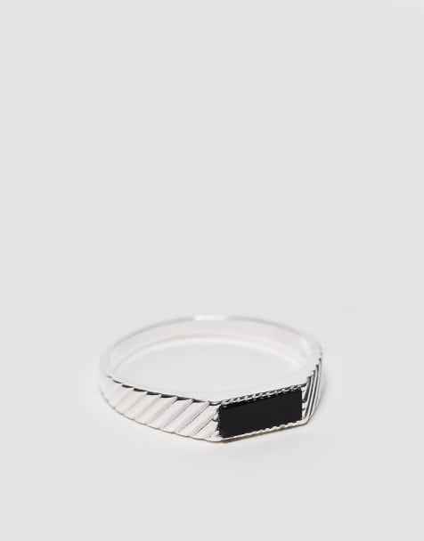 ASOS DESIGN - Anello con sigillo in argento sterling placcato con pietra nera - view 1
