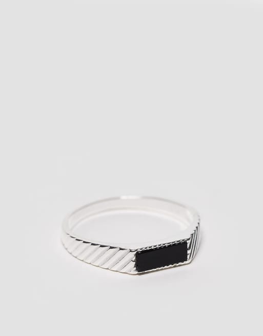 ASOS DESIGN - Anello con sigillo in argento sterling placcato con pietra nera