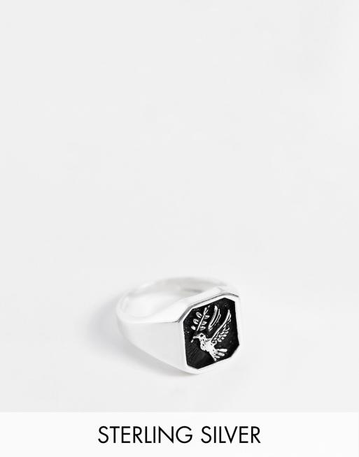 ASOS DESIGN - Anello con sigillo squadrato in argento sterling con uccello