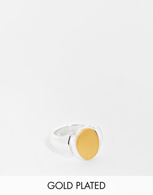 ASOS DESIGN - Anello con sigillo zigrinato a doppia tonalità placcato argento e oro 14 carati
