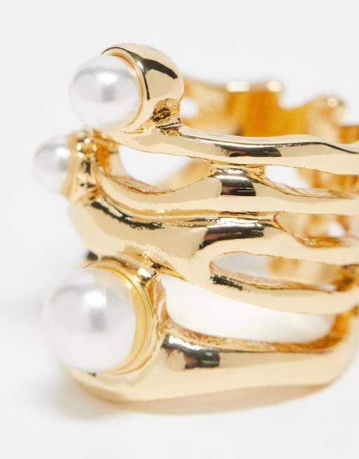ASOS DESIGN - Anello dorato con design effetto metallo fuso e perle sintetiche, 3 di 4