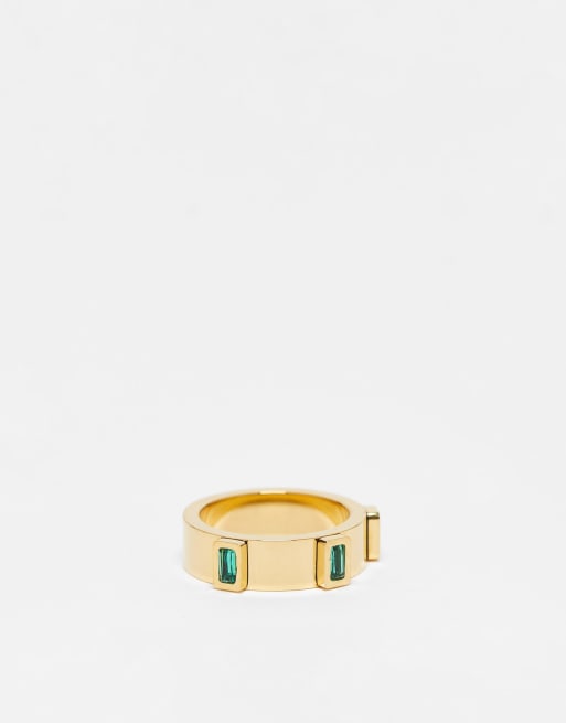ASOS DESIGN - Anello in acciaio inossidabile dorato con cristalli verdi allungati