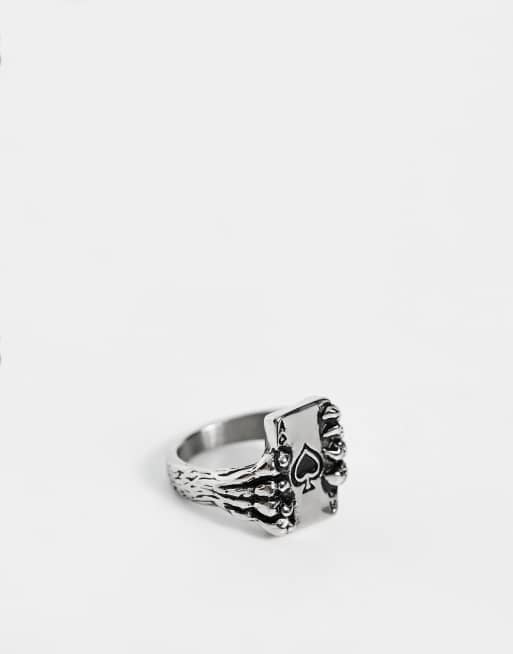 ASOS DESIGN - Anello in acciaio inossidabile resistente all'acqua argentato con asso di picche e artiglio