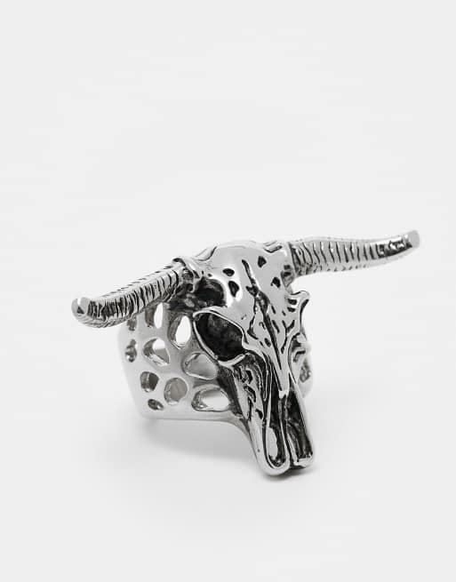 ASOS DESIGN - Anello in acciaio inossidabile resistente all'acqua argentato con design a forma di teschio di ariete 